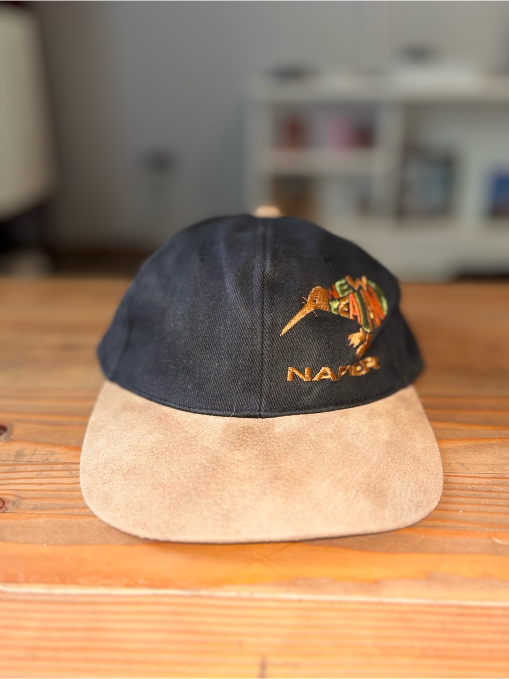 Vintage New Zealand Napier Kiwi Hat Black Suede Brim Hook Loop Strap Cap VTG